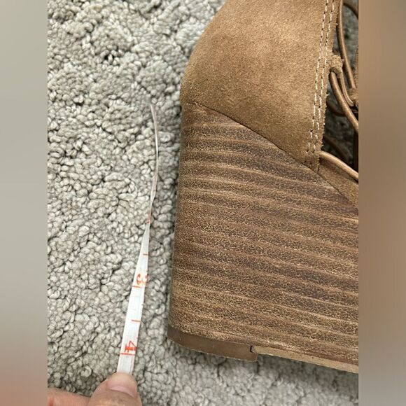 Lucky Brand Carmel Brown Suede Peep Toe Wedge Booties - Picture 11 of 12